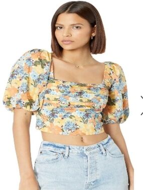 Abercrombie & Fitch Yellow & Blue Floral Square-Neck Puff Sleeve Crop Top
